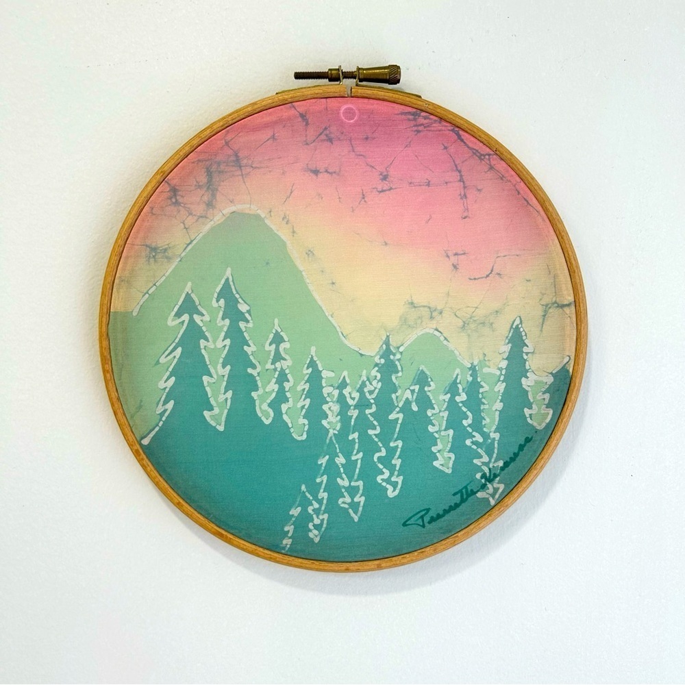 Signed Hand painted silk embroidery silk art on wood hoop 7”